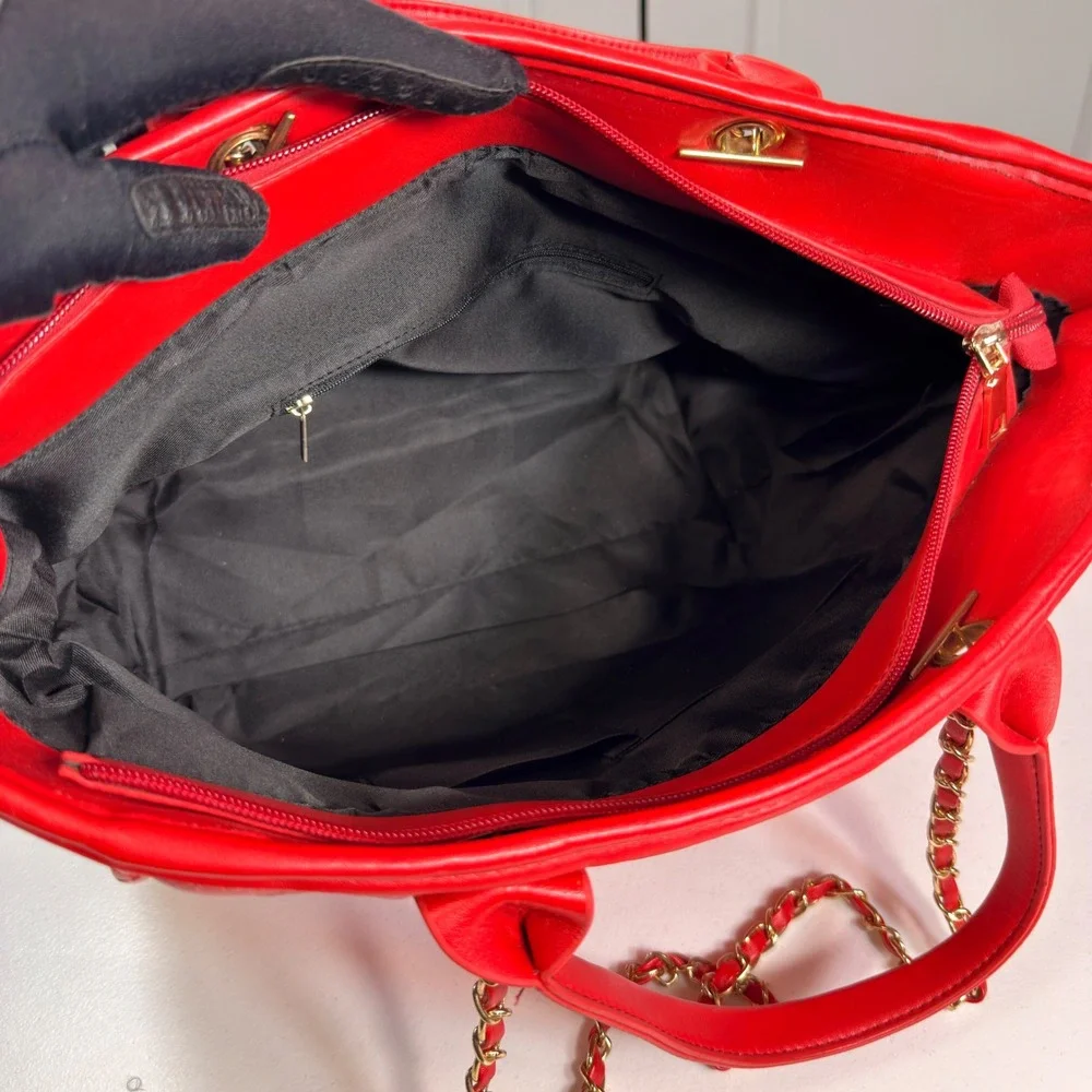 Red Quilted Tote Bag Gold Chain Straps Large Shoulder Handbag Purse
